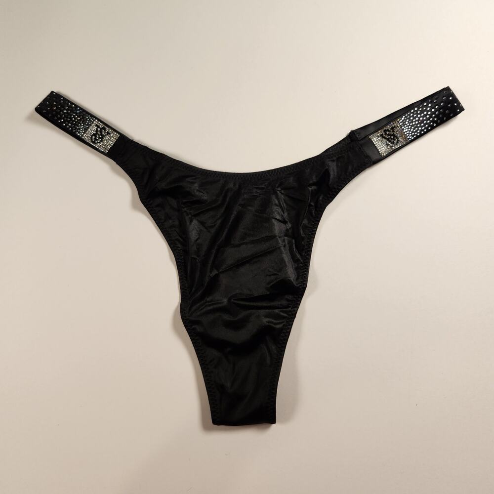 Victoria's Secret Very Sexy Black Satin Shine Strap Thong Panty - Medium